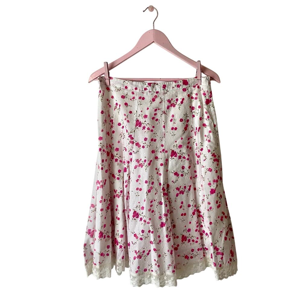 Vintage Dress Barn Pink Floral Midi Skirt Lace Trim Cotton